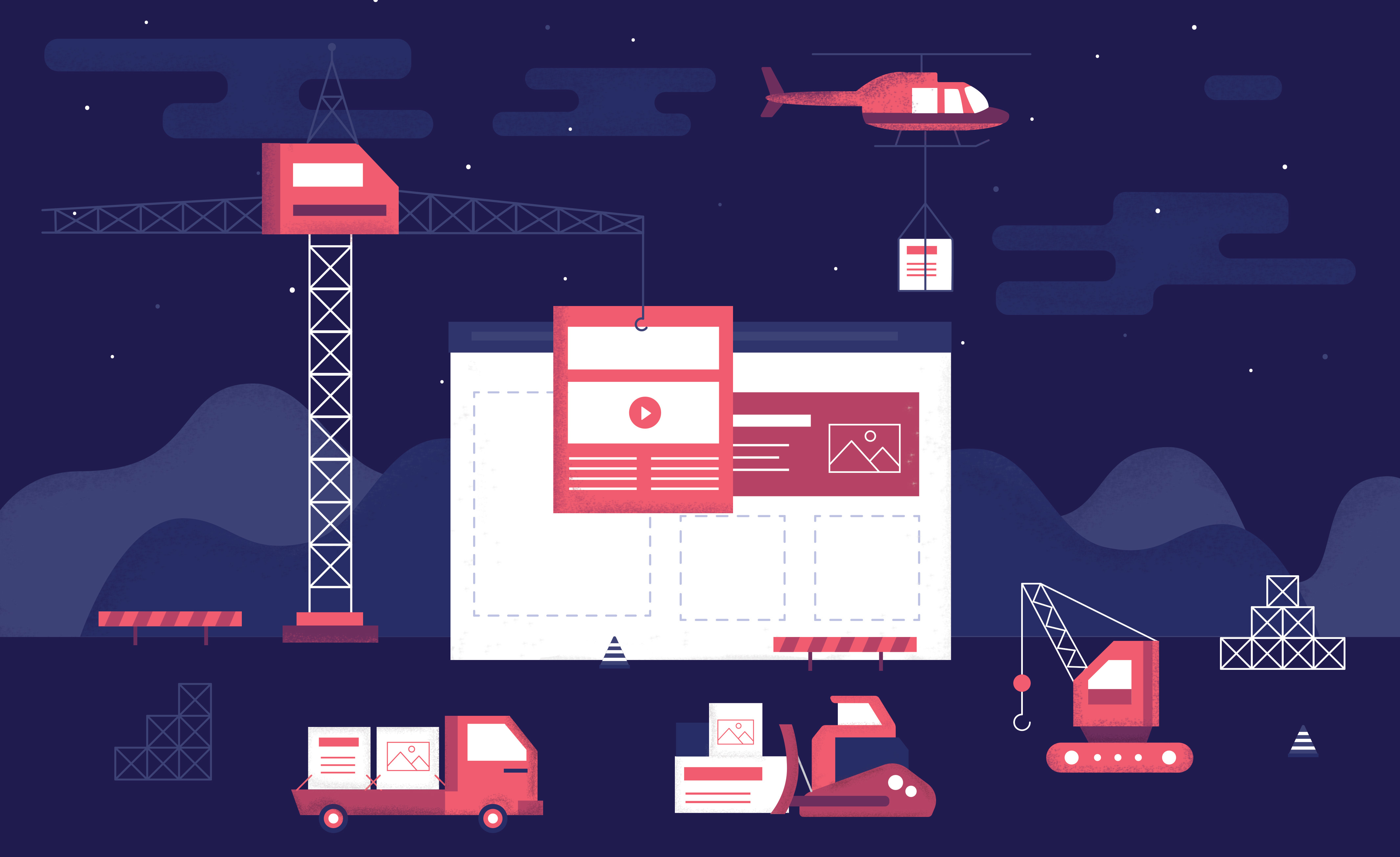 Illustration of construction machines building an ecommerce website