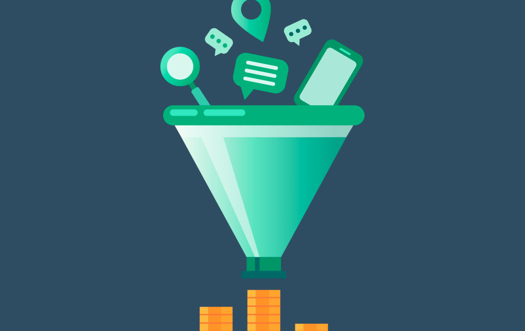 Illustration of web items falling into a funnel.